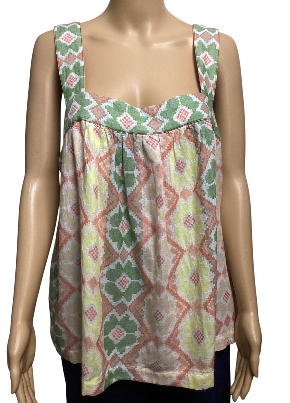 Anthropologie Geometric Ikat Print Cami Tank Top Green Peach Square Neck Boho XL